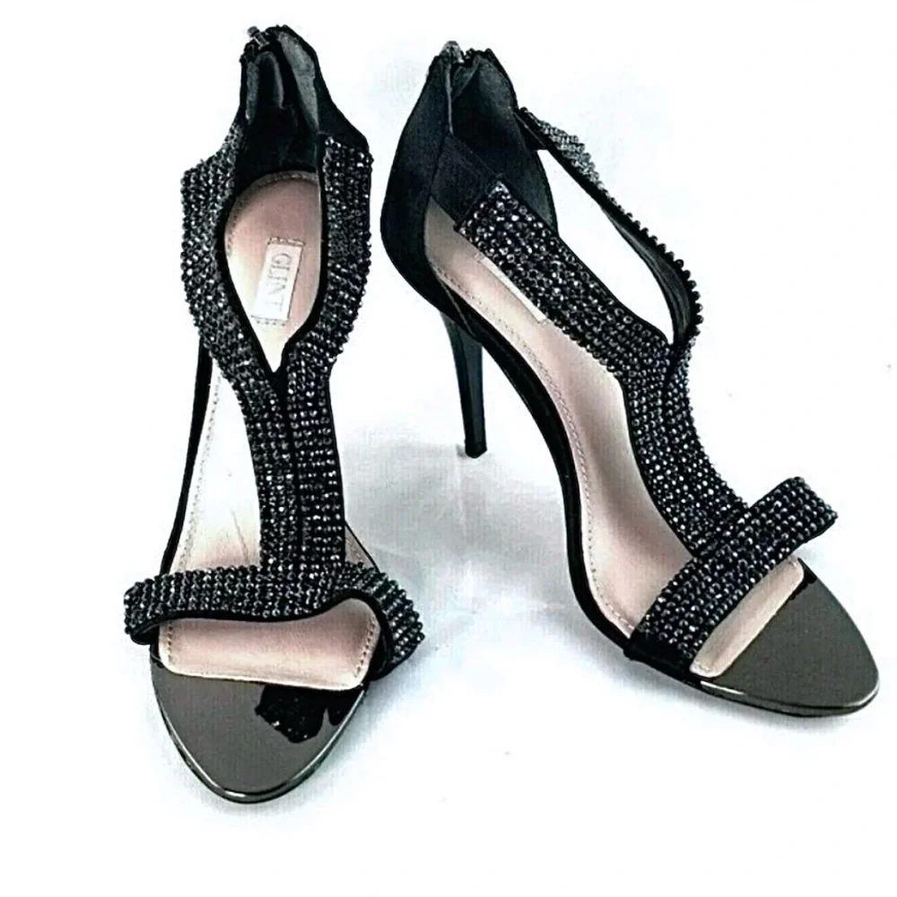 Glint Nordstrom Devyn T-Strap Stiletto Sandals Black with Rhinestones